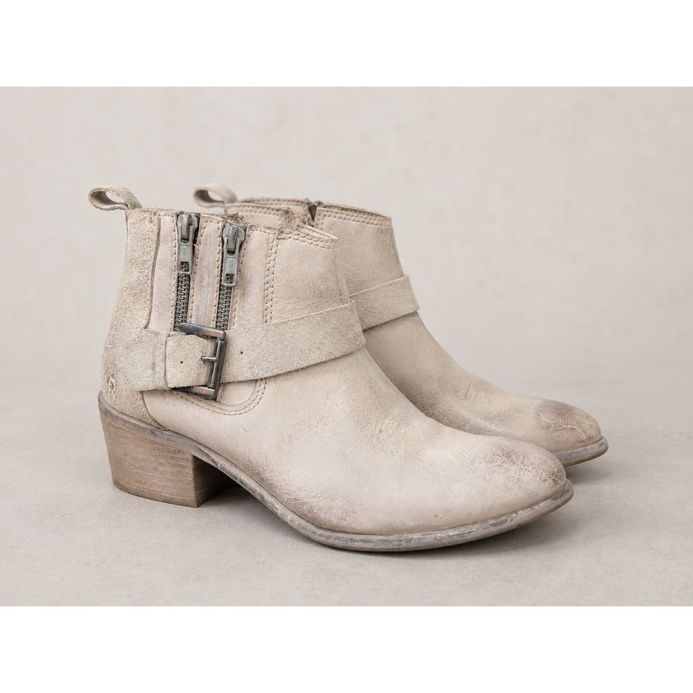 BED|STU‎ Roan Liza Distressed White Leather Ankle Boots Womens 8.5 Buckle Zip